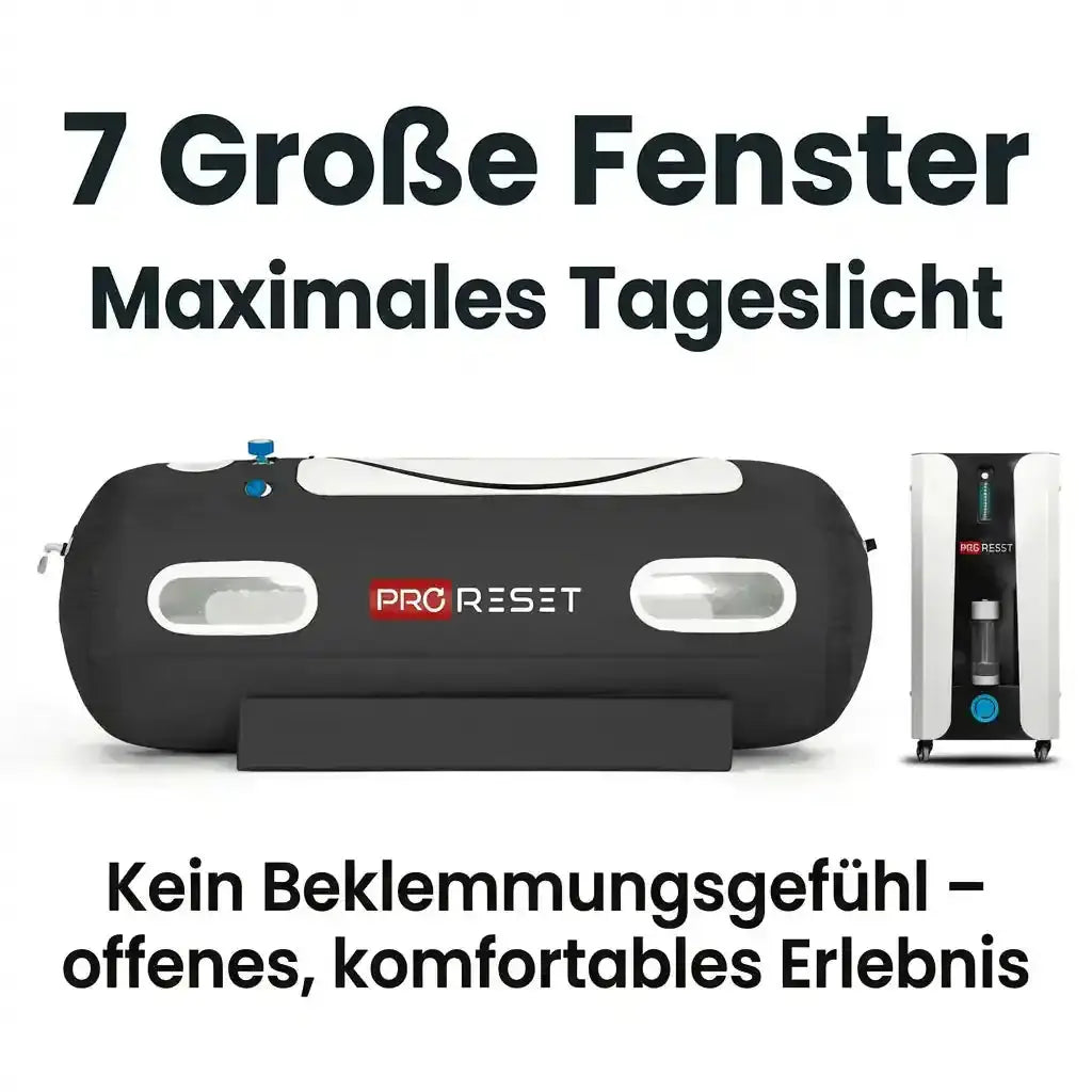ProReset Flow 80 Softshell-Hyperbarkammer, mit Kompressor, Grafik zu großen Fenstern und Tageslicht