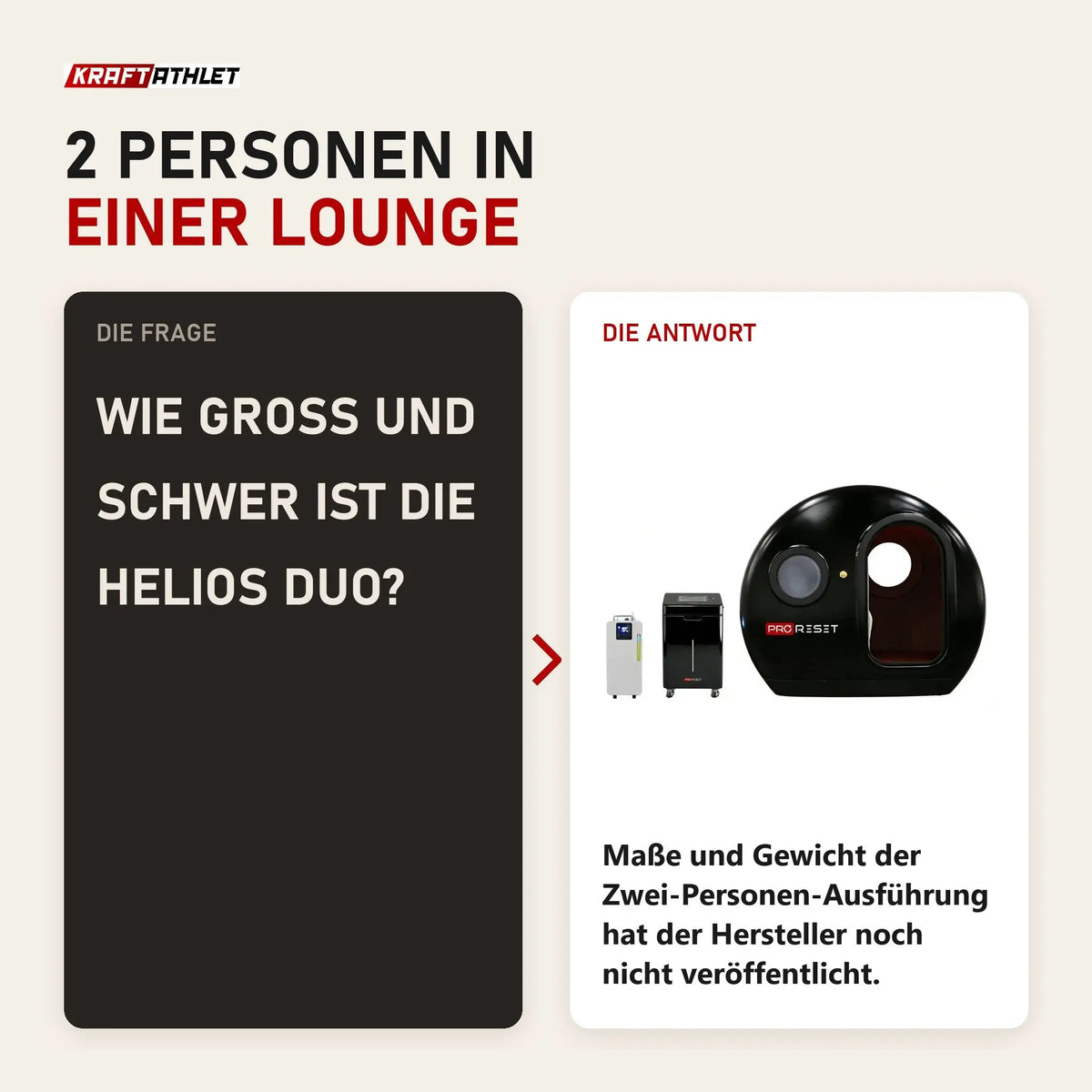 Frage und Antwort zu ProReset Helios Duo Hyperbare Lounge: Wie groß und schwer ist die Helios Duo?