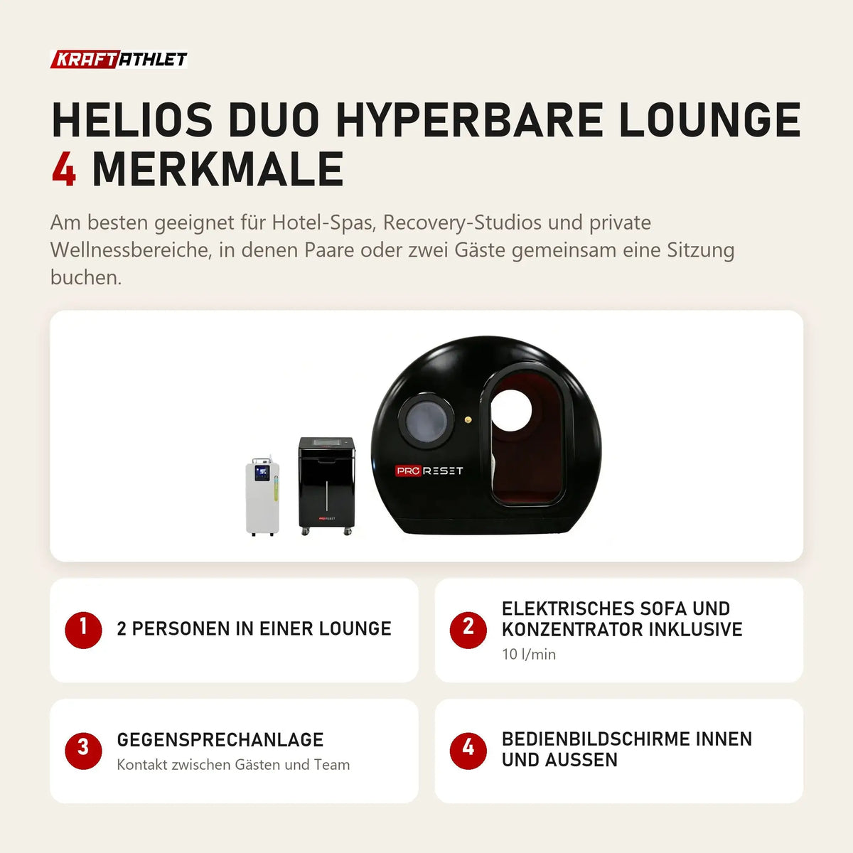 ProReset Helios Duo Hyperbare Lounge mit 4 Merkmalen: 2 Personen in einer Lounge, Elektrisches Sofa und Konzentrator inklusive, Gegensprechanlage, Bedienbildschirme innen und außen