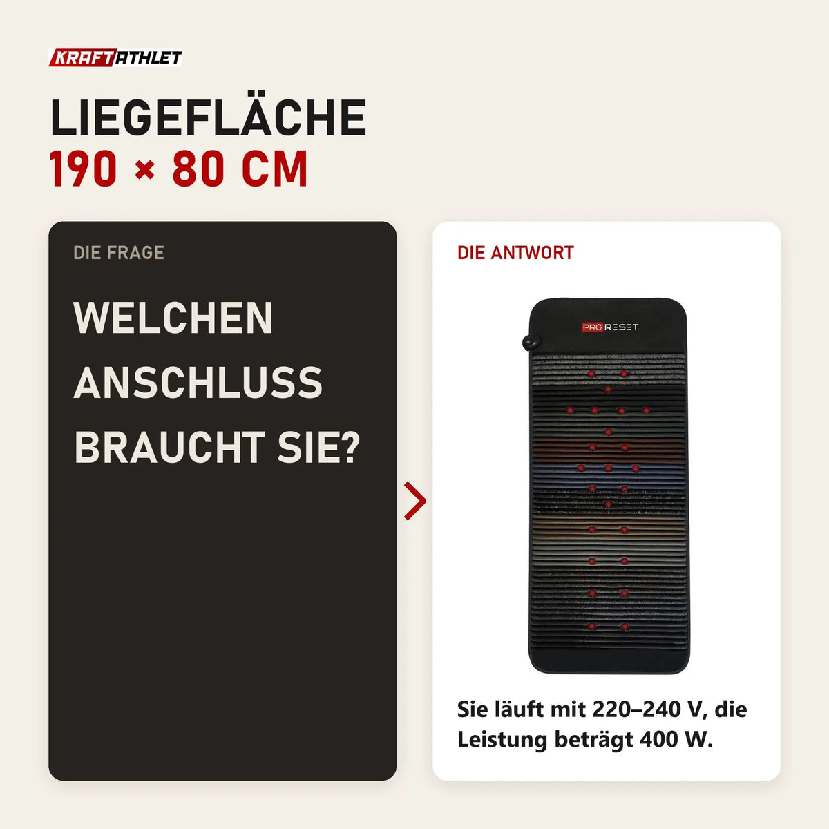 Frage und Antwort zu ProReset Infrarot-PEMF-Matte Ganzkörper: Welchen Anschluss braucht sie?
