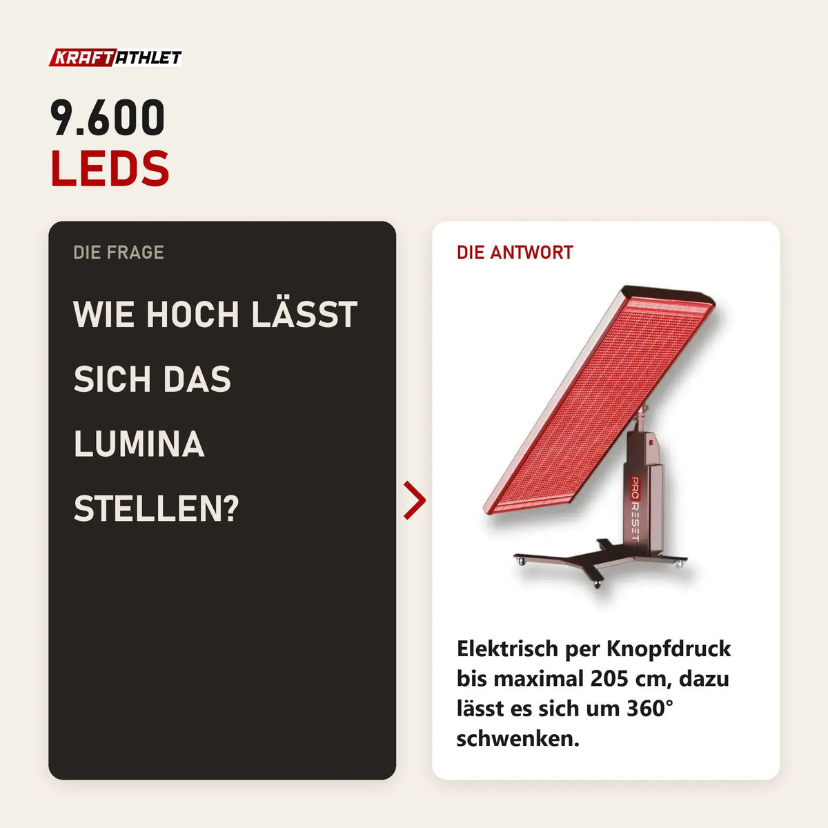 Frage und Antwort zu ProReset Lumina Rotlicht-Nahinfrarot-Gerät: Wie hoch lässt sich das Lumina stellen?
