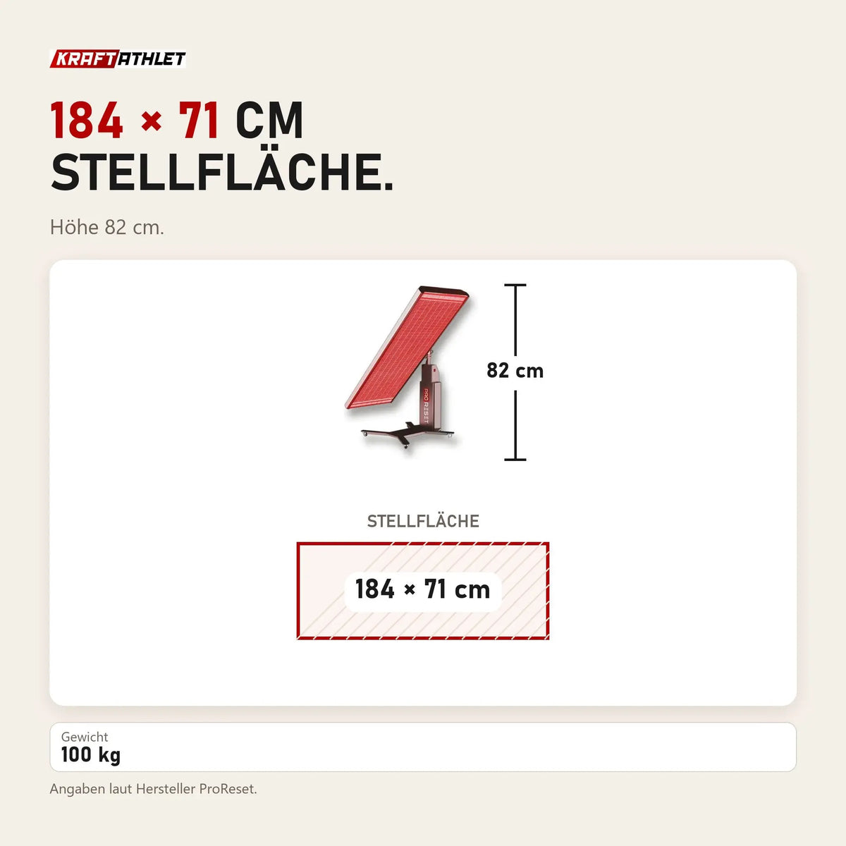 Maßbild ProReset Lumina Rotlicht-Nahinfrarot-Gerät: Stellfläche 184 × 71 cm, Höhe 82 cm