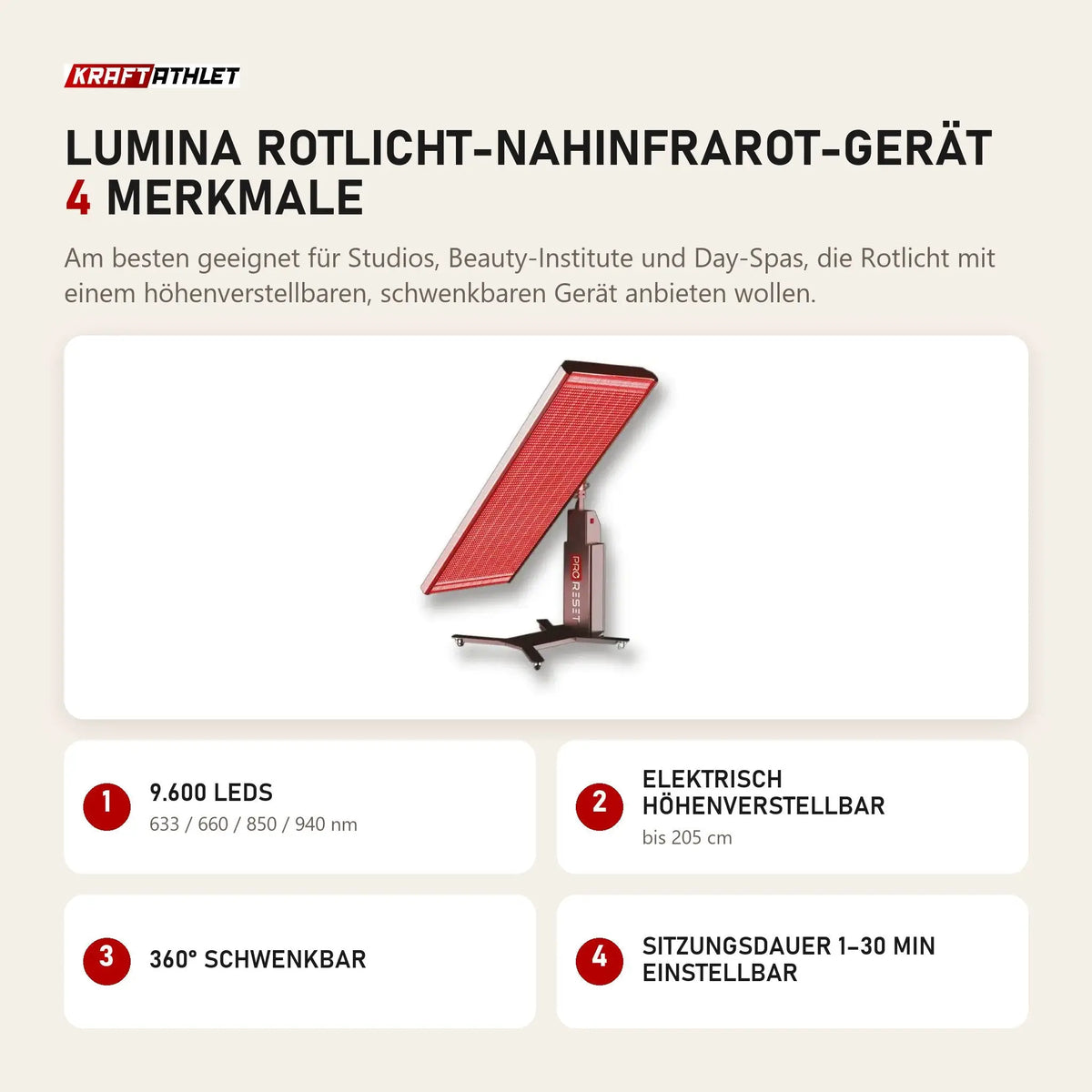ProReset Lumina Rotlicht-Nahinfrarot-Gerät mit 4 Merkmalen: 9.600 LEDs, Elektrisch höhenverstellbar, 360° schwenkbar, Sitzungsdauer 1–30 min einstellbar
