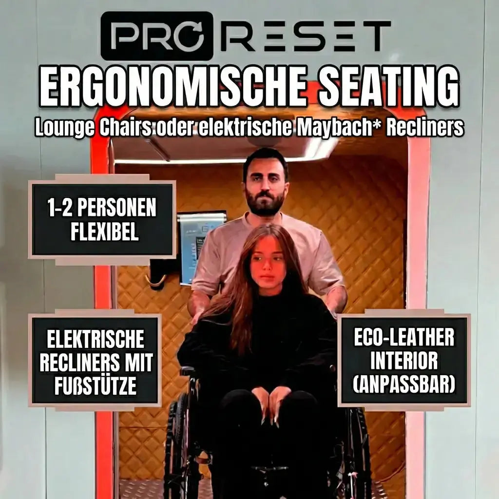 Grafik zu den Sitzen der ProReset Matrix Hyperbarkammer: elektrische Liegesessel und Öko-Leder