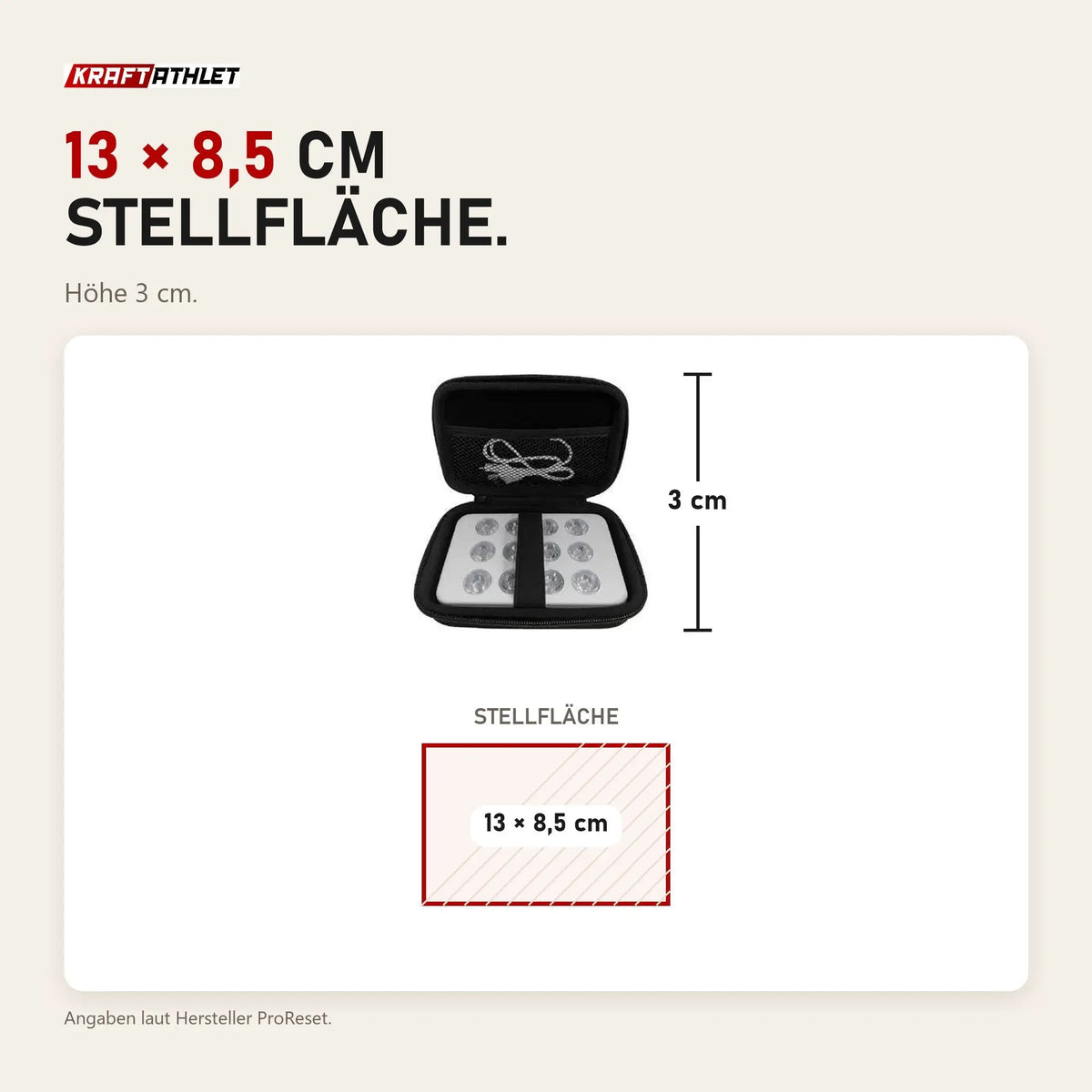 Maßbild ProReset Minired Rotlichtgerät: Stellfläche 13 × 8,5 cm, Höhe 3 cm
