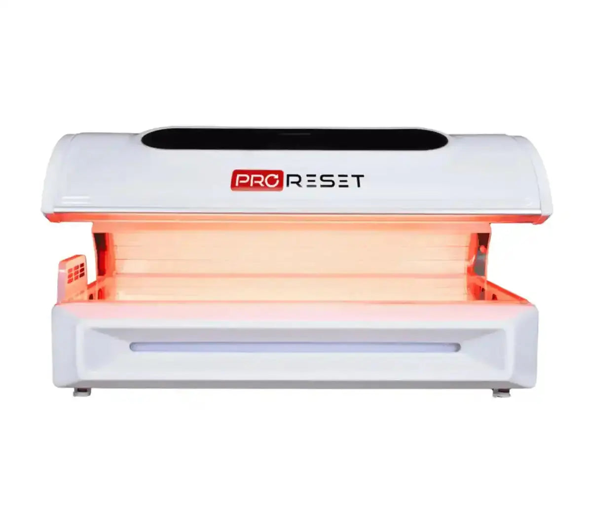 ProReset NovaLight Rotlichtbett – Frontansicht in Weiß leicht geöffnet mit rotem Licht