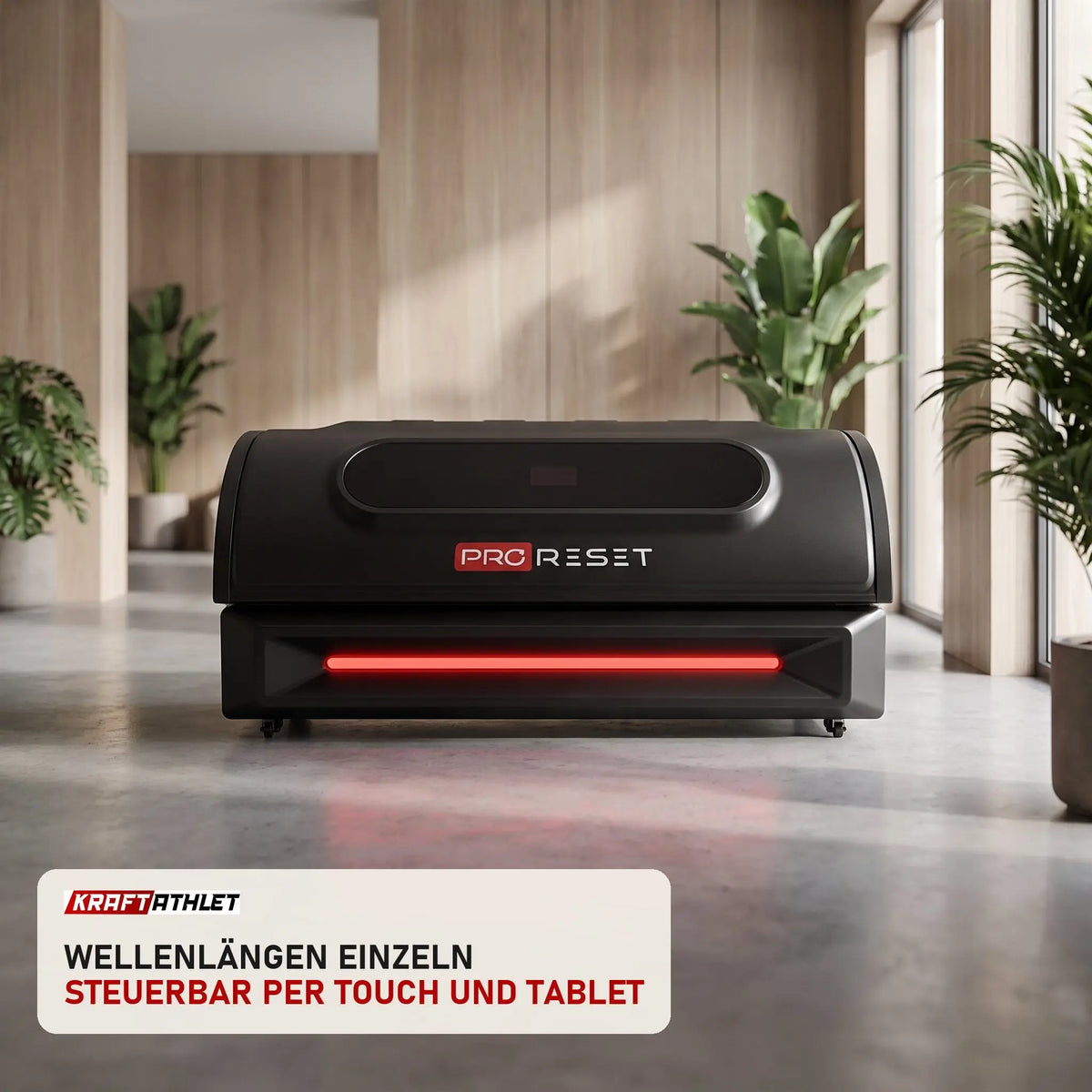 ProReset NovaLight Rotlichtbett in einer hellen Recovery-Lounge