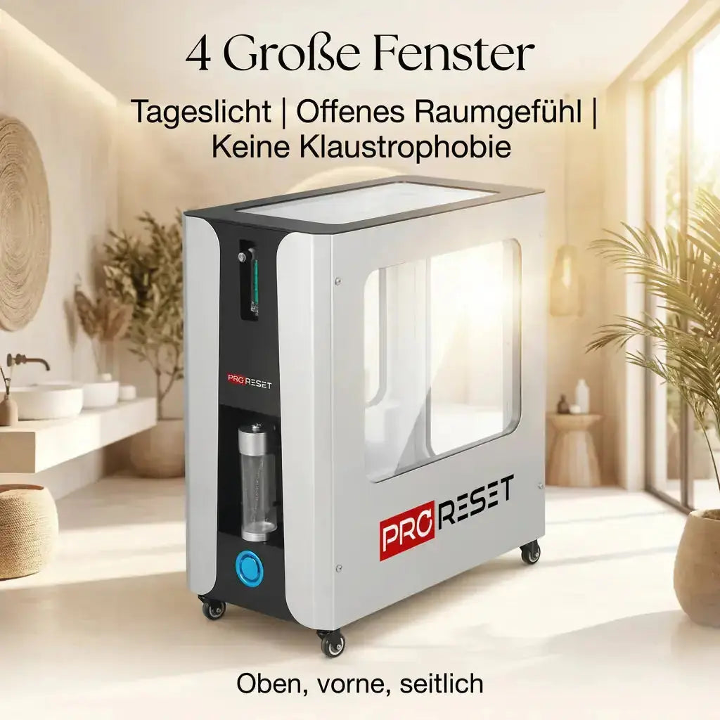 ProReset Oasis Softshell-Hyperbarkammer, Kompressor im hellen Raum, Grafik zu großen Fenstern