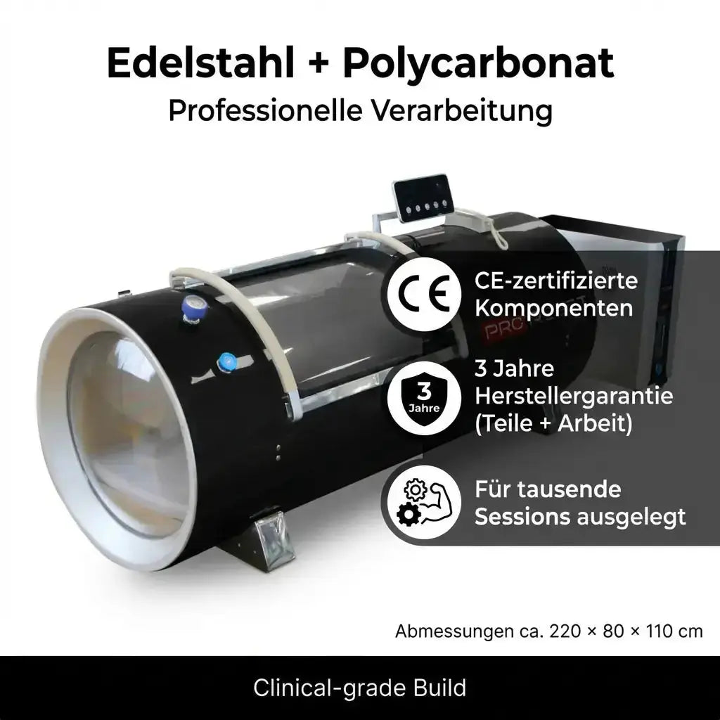 ProReset Orbit 1.5 ATA Hartschalen-Hyperbarkammer – Schrägansicht mit Hinweisen zu Edelstahl und Polycarbonat