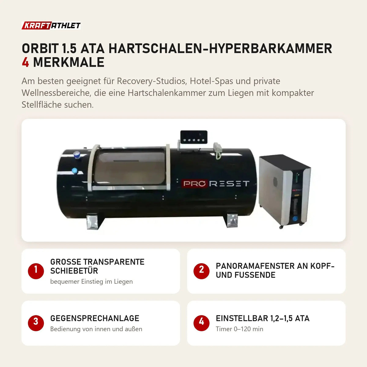 ProReset Orbit 1.5 ATA Hartschalen-Hyperbarkammer mit 4 Merkmalen: Große transparente Schiebetür, Panoramafenster an Kopf- und Fußende, Gegensprechanlage, Einstellbar 1,2–1,5 ATA