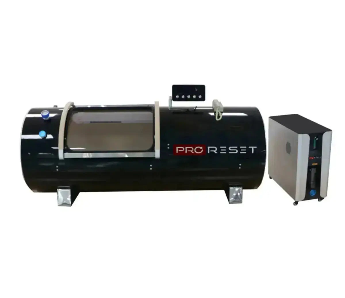 ProReset Orbit 2.0 ATA Hartschalen-Hyperbarkammer – Seitenansicht in Schwarz mit Fensterband und Konzentrator