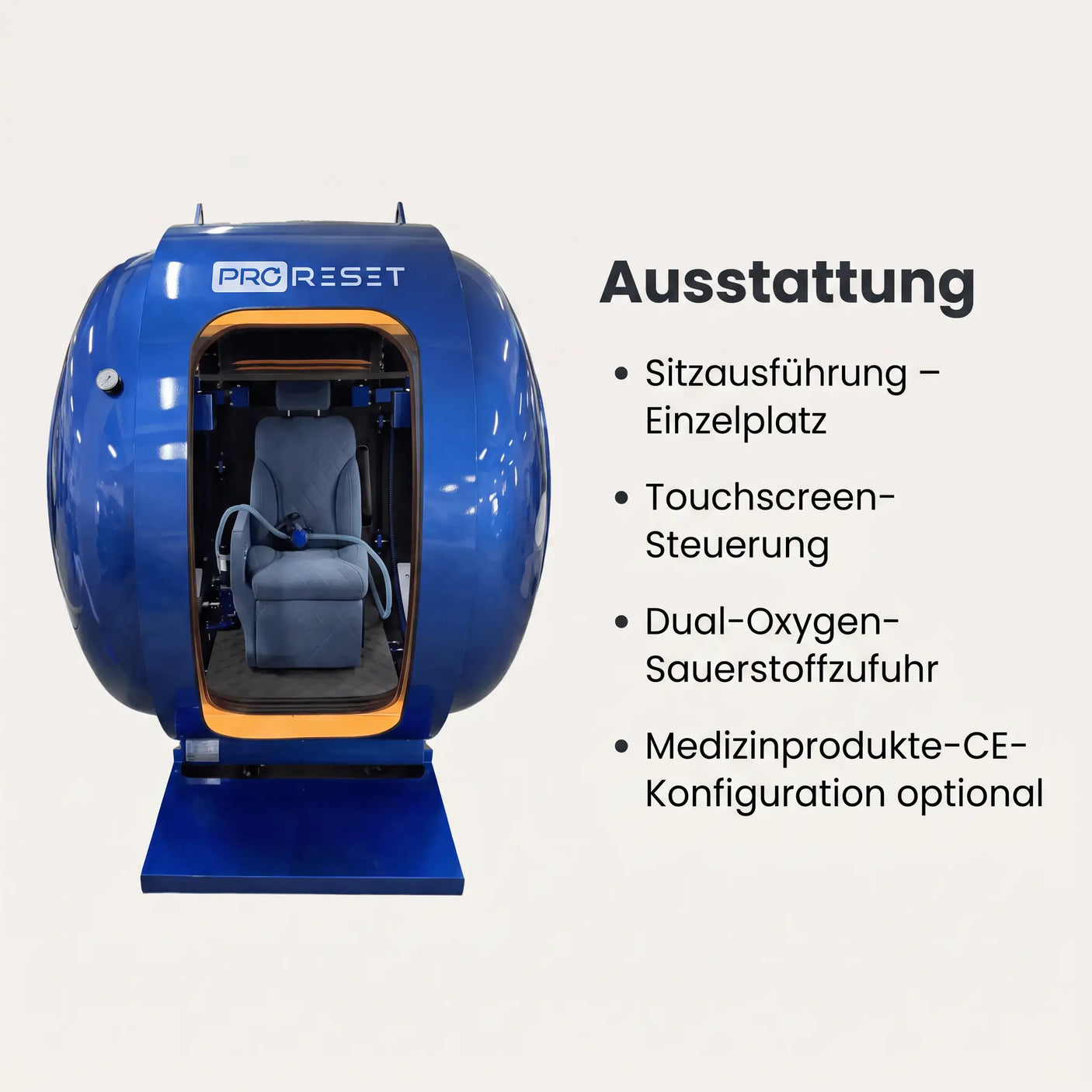 ProReset Petra Ausstattung – Einzelplatz-Sitzkammer, Dual-Oxygen-Zufuhr, CE-Konfiguration optional