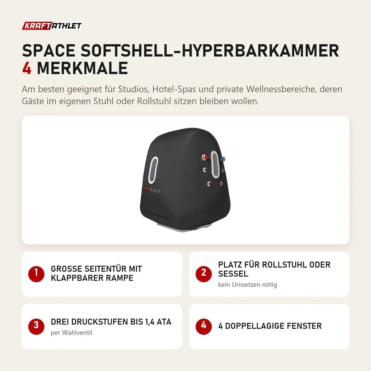 ProReset Space Softshell-Hyperbarkammer mit 4 Merkmalen: Große Seitentür mit klappbarer Rampe, Platz für Rollstuhl oder Sessel, Drei Druckstufen bis 1,4 ATA, 4 doppellagige Fenster