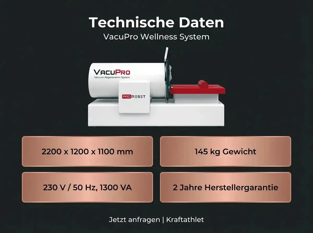 ProReset VacuPro Vakuum-Wellnesssystem – Übersicht der technischen Daten mit Geräteansicht