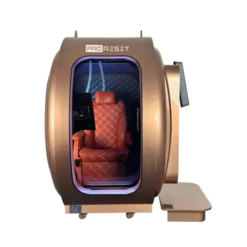 ProReset Zeugma Sitz-Hyperbarkammer in Bronze mit rotem Ledersitz und seitlichem Tablett