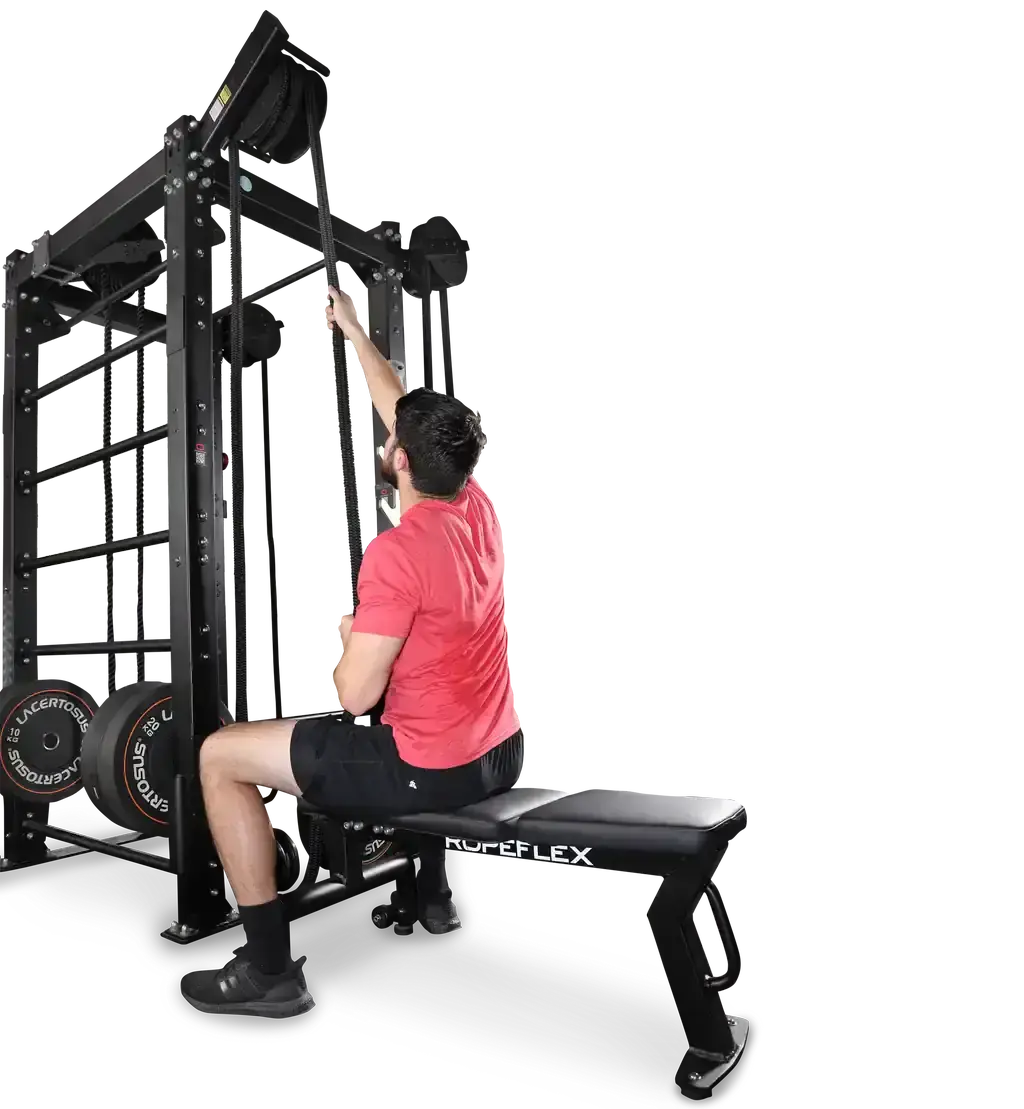 Ropeflex RX2100 Endlosseil-Trainer für Wand und Rack – Training sitzend auf der Bank mit Zug nach oben