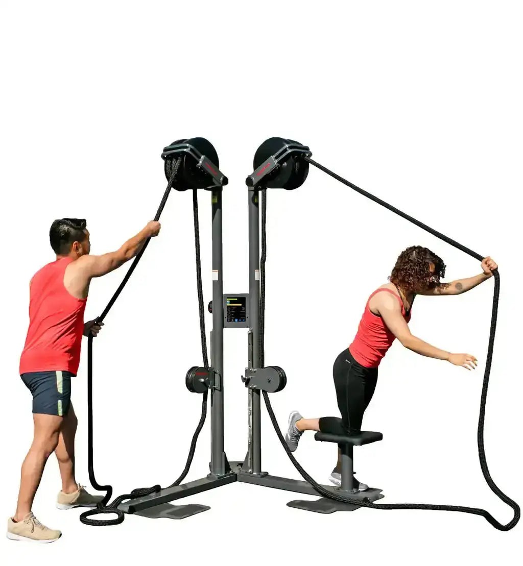 Ropeflex RX2500D Doppelstation, Mann und Frau trainieren an beiden Seiten, Schrägansicht