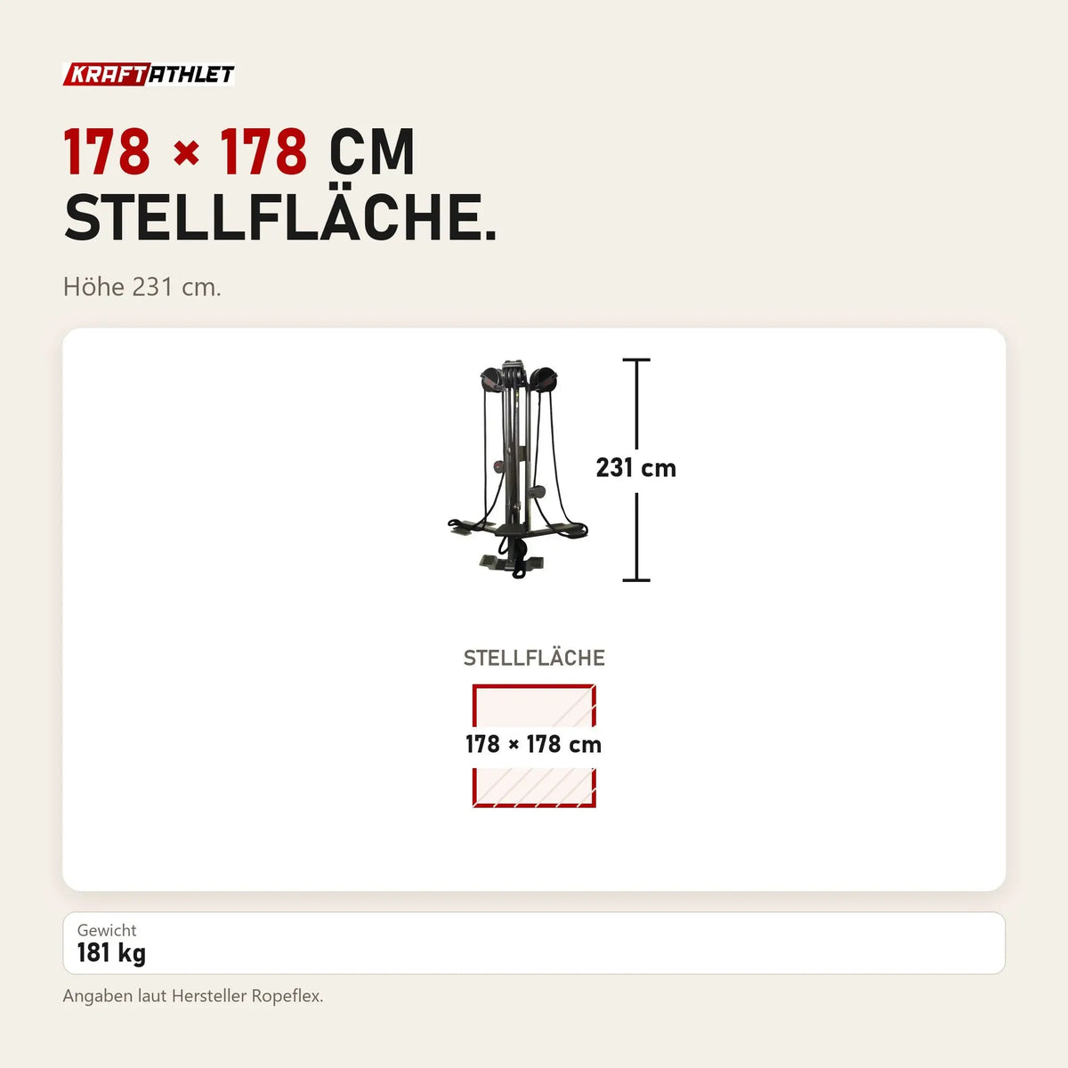 Maßbild Ropeflex RX2500T Dreifach-Seilstation: Stellfläche 178 × 178 cm, Höhe 231 cm