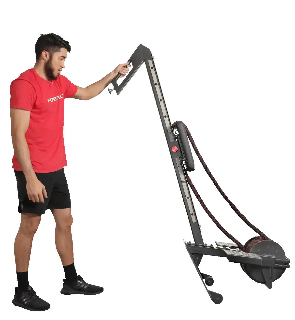 Ropeflex RX3200 Endlosseil-Rudergerät in aufrechter Position, Mann zieht das Seil im Stand