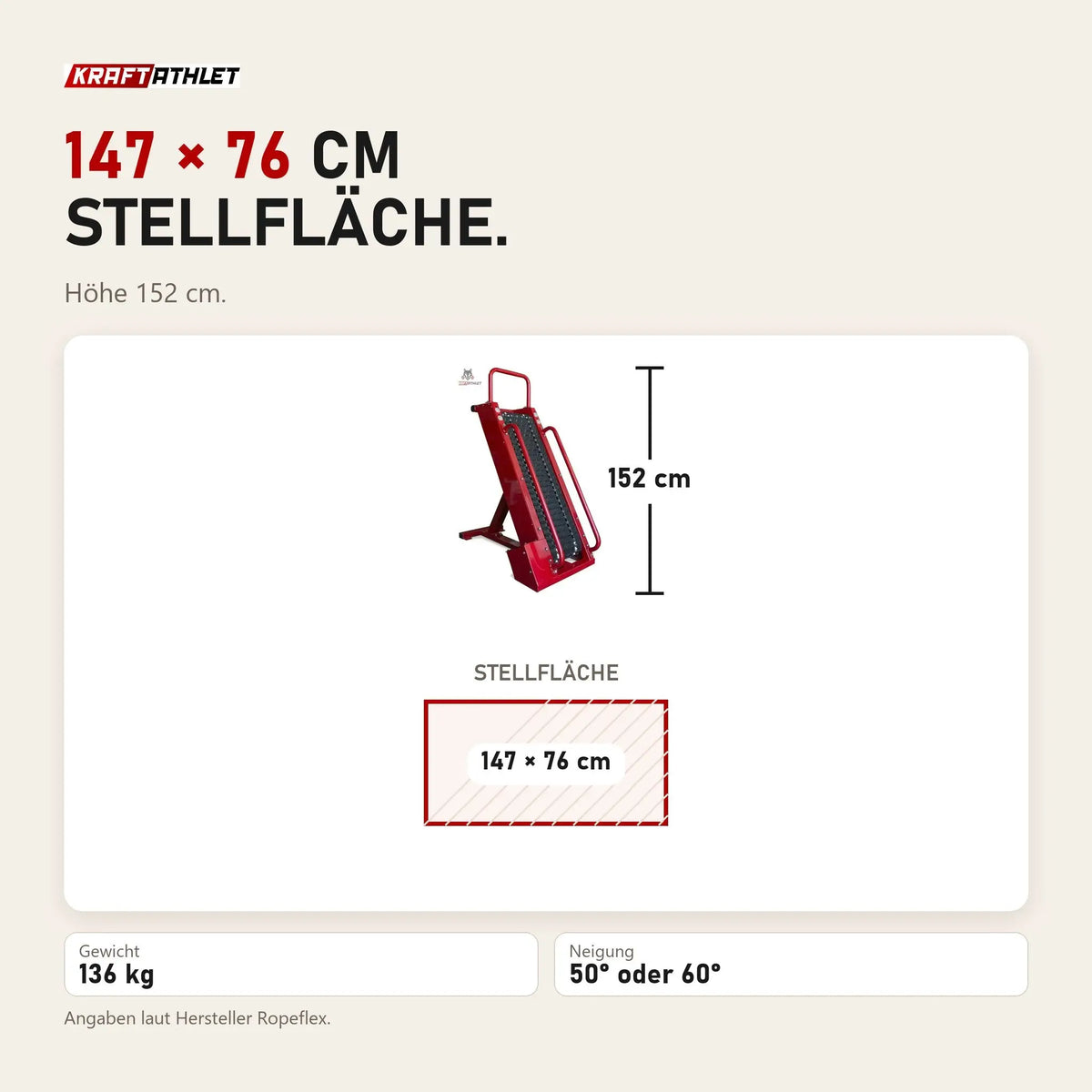 Maßbild Ropeflex RX4405 Steigband-Trainer: Stellfläche 147 × 76 cm, Höhe 152 cm