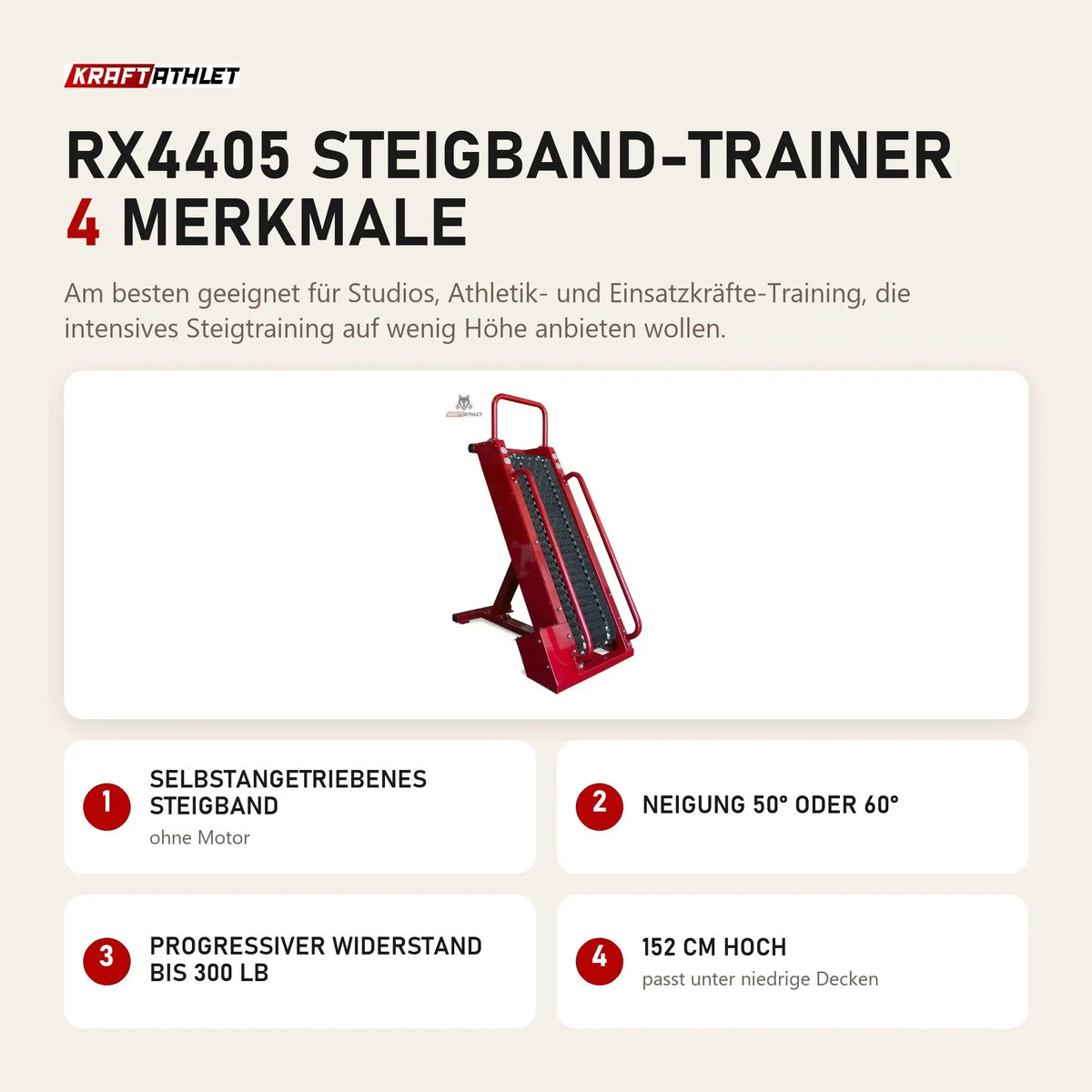 Ropeflex RX4405 Steigband-Trainer mit 4 Merkmalen: Selbstangetriebenes Steigband, Neigung 50° oder 60°, Progressiver Widerstand bis 300 lb, 152 cm hoch