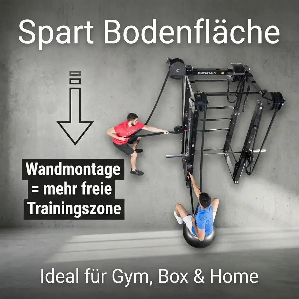 Ropeflex RX8200 Endlosseil-Rig, Grafik zur Wandmontage und freien Bodenfläche