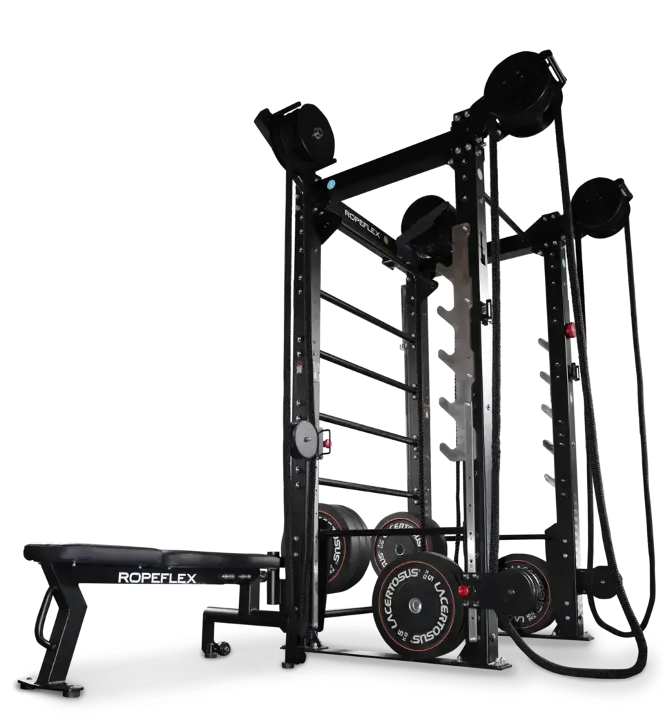 Ropeflex RX8200 Endlosseil-Rig, Seitenansicht mit Bank am Boden