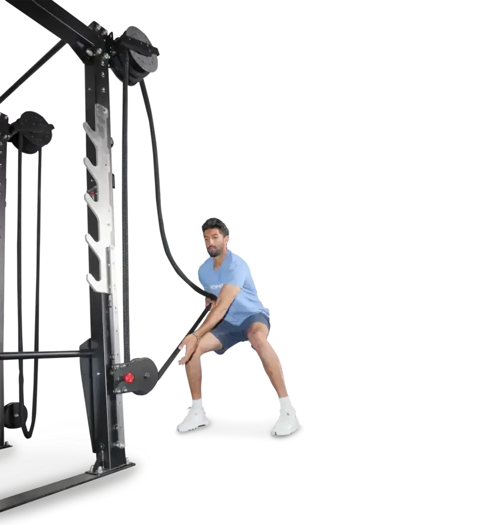 Ropeflex RX8200 Endlosseil-Rig, Person beim Seilzug in der Hocke