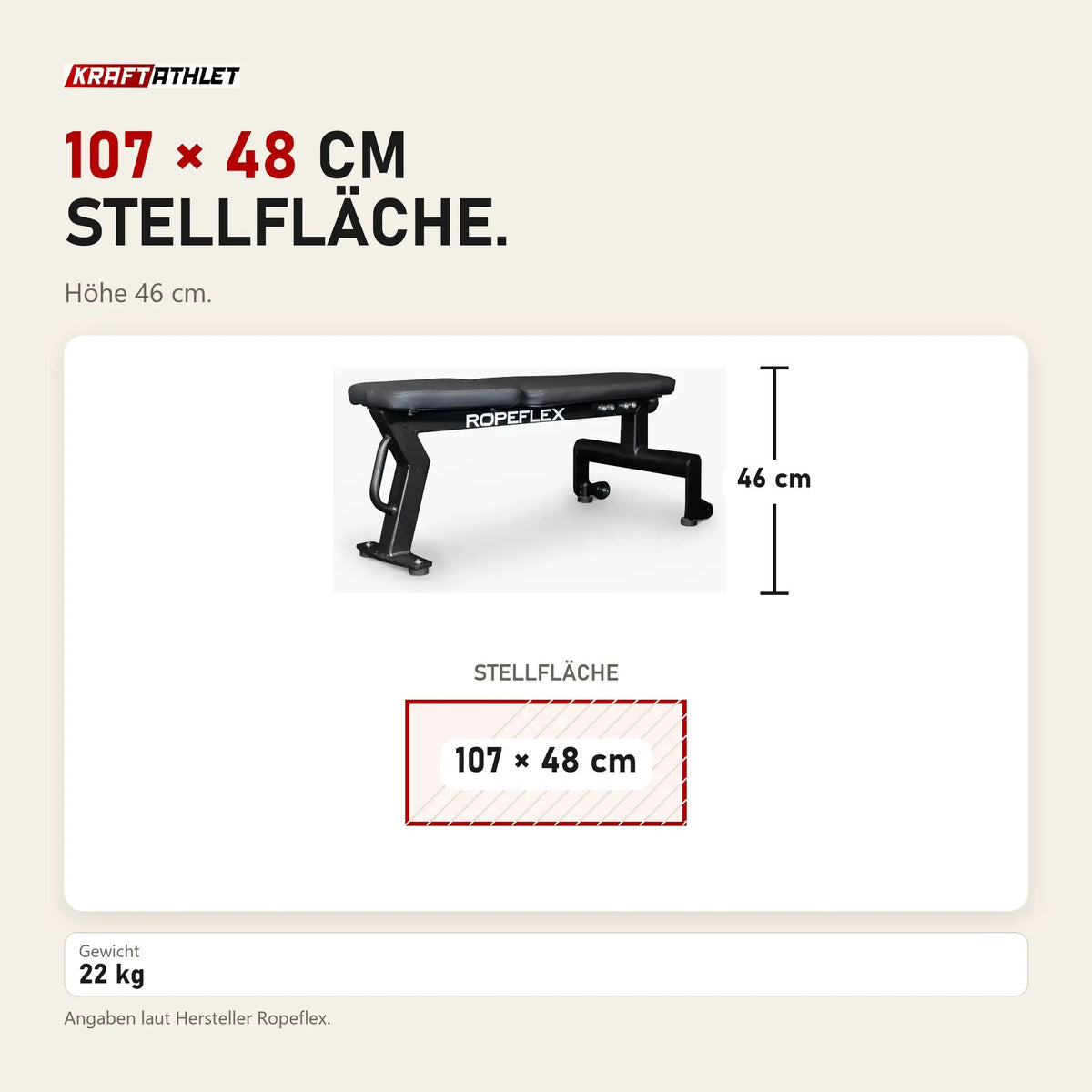 Maßbild Ropeflex RXB2 Flachbank fürs Seiltraining: Stellfläche 107 × 48 cm, Höhe 46 cm
