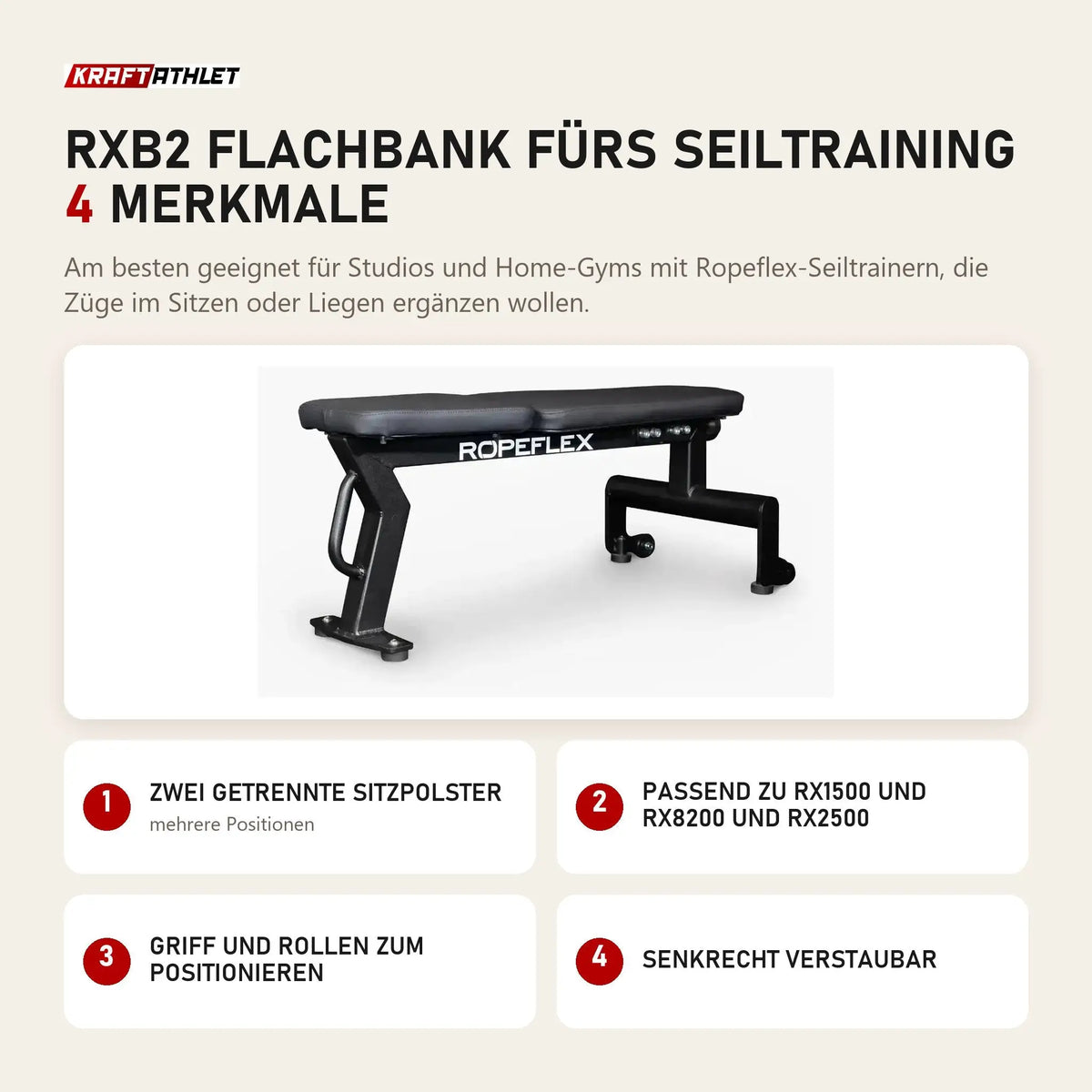 Ropeflex RXB2 Flachbank fürs Seiltraining mit 4 Merkmalen: Zwei getrennte Sitzpolster, Passend zu RX1500 und RX8200 und RX2500, Griff und Rollen zum Positionieren, Senkrecht verstaubar