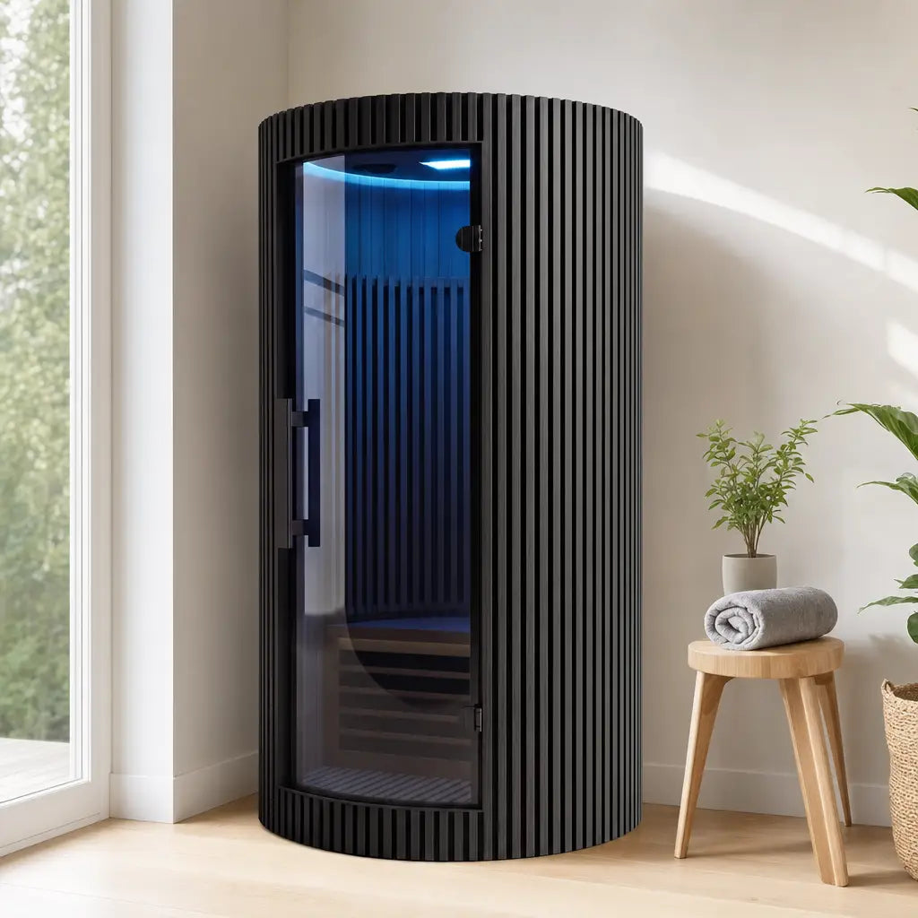 Sanctuary Solo Infrarot-Sauna in heller Wellness-Ecke zuhause