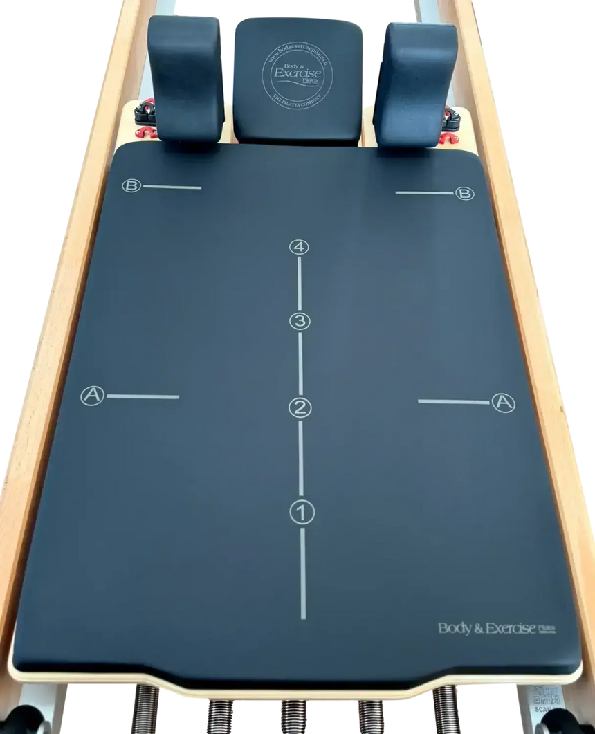 Blue exercise mat with branding on a white background