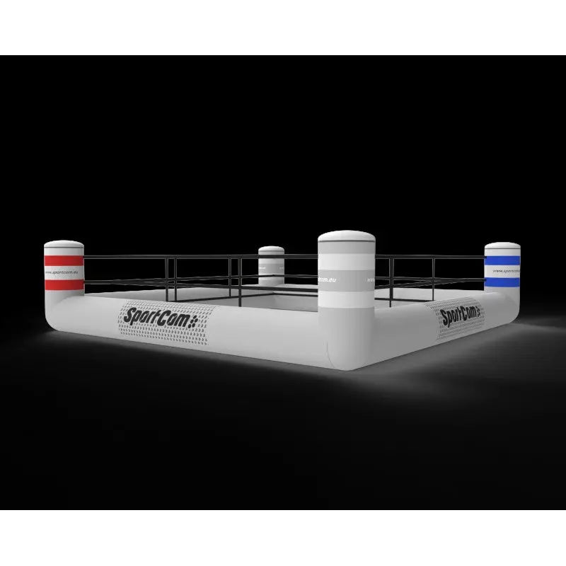 SportCom Aufblasbarer Boxring – flache Seitenansicht mit roten und blauen Eckpfosten
