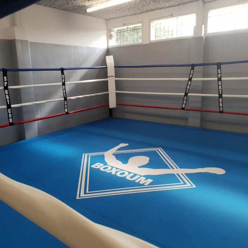 SportCom Boxring-Individualisierung: blauer Ringboden mit weißem Logo und blau-roten Seilen im Studio