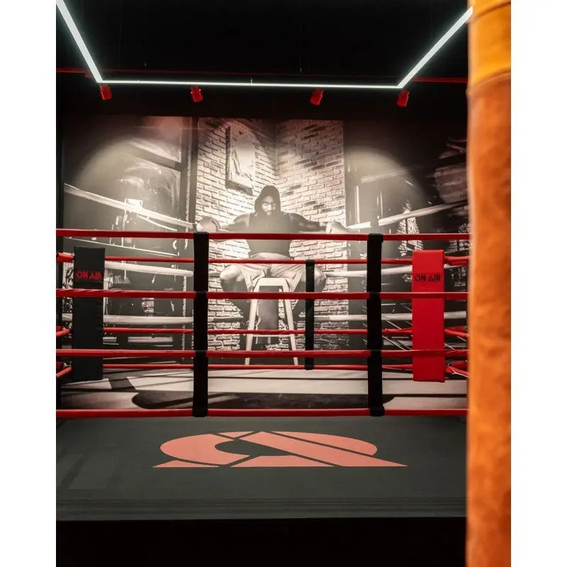 SportCom Boxring-Individualisierung: schwarzer Ring mit roten Seilen und Logo vor großem Wandbild, Frontansicht