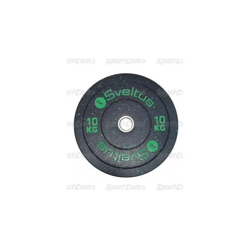 SportCom Bumper Plate von Sveltus 10 kg, schwarze Scheibe mit grüner Beschriftung in der Draufsicht
