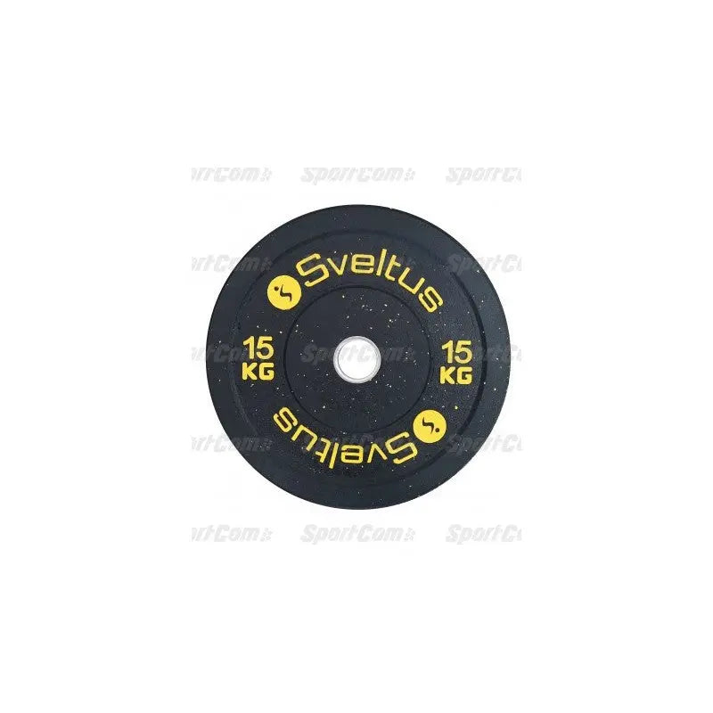 SportCom Bumper Plate von Sveltus 15 kg, schwarze Scheibe mit gelber Beschriftung in der Draufsicht