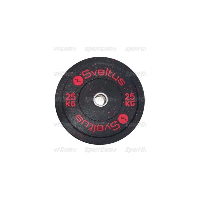 SportCom Bumper Plate von Sveltus 25 kg, schwarze Scheibe mit roter Beschriftung in der Draufsicht