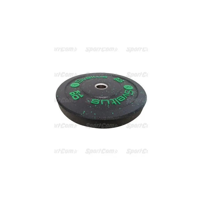 SportCom Bumper Plate von Sveltus, 10-kg-Scheibe mit grüner Schrift in Schrägansicht liegend