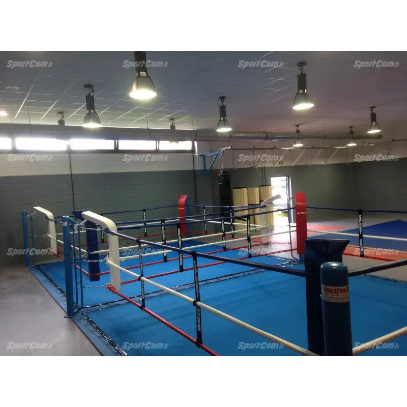 SportCom Doppel-Boxring mit Spannseilen und Stahlpfosten, in einer Halle mit roten und blauen Ecken, schräg