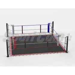 SportCom Ecofix Boxring mit Bodenhülsen, Schrägansicht mit schwarzem Boden, roter Umrandung und vier Seilen