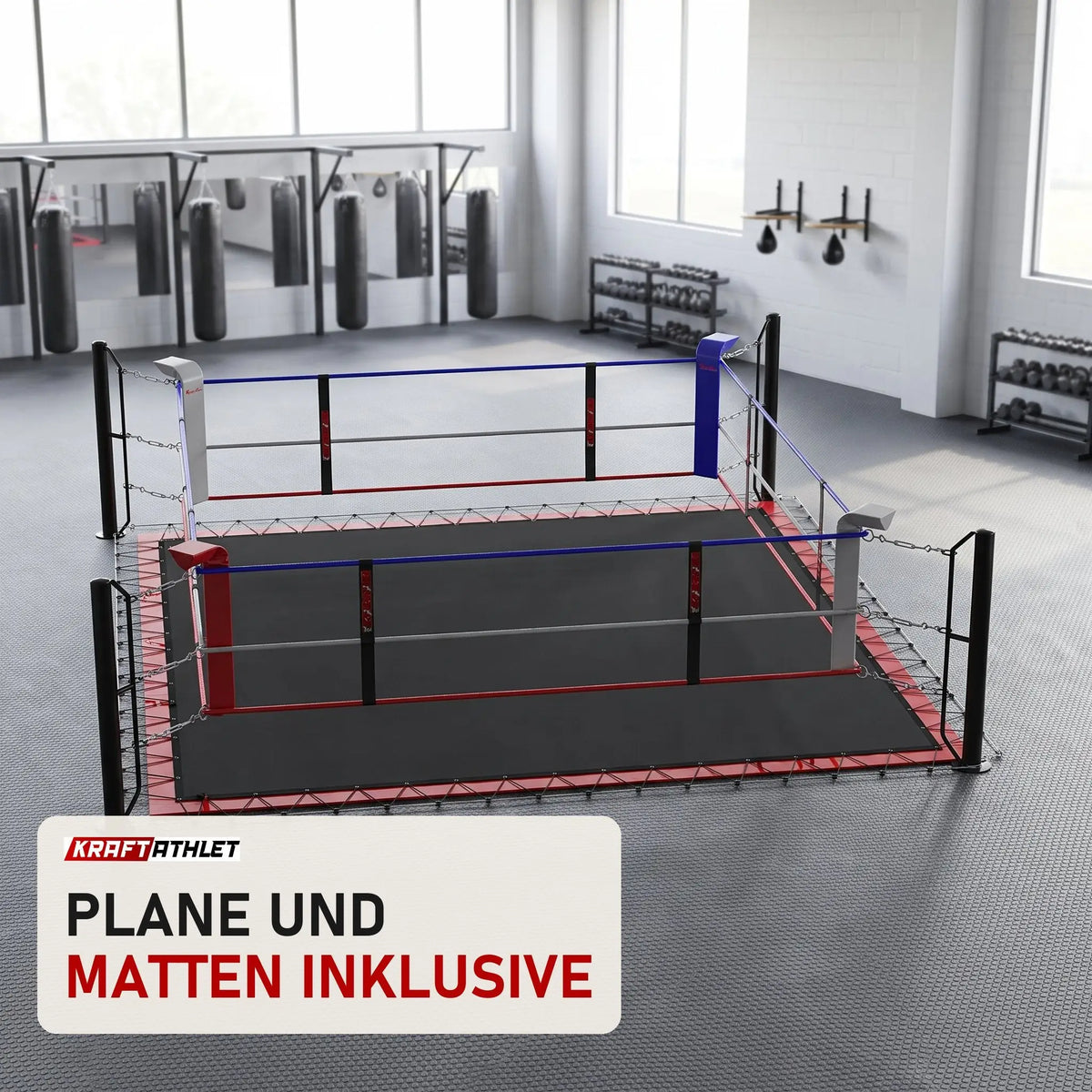 SportCom Ecofix Boxring mit Bodenhülsen und Spannseilen in einem hellen Boxgym