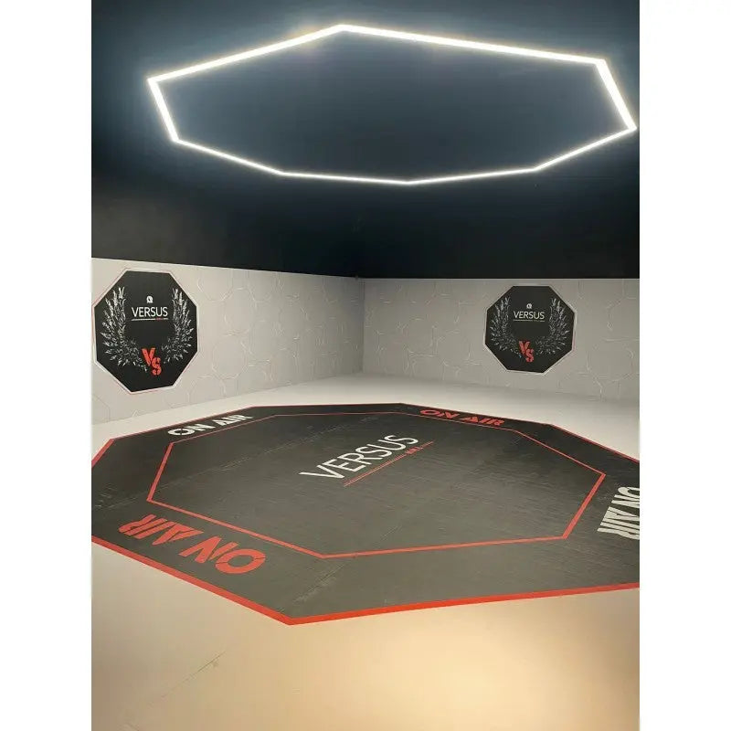 SportCom Flexi-Roll Ringermatte von Dollamur, schwarzes Achteck unter einer achteckigen Leuchte