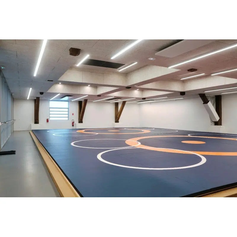 SportCom Flexi-Roll Ringermatte von Dollamur, dunkelblaue Fläche mit weißen Kreisen in heller Halle