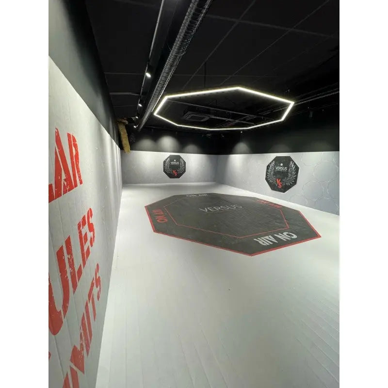 SportCom Flexi-Wall Wandschutz von Dollamur in Hellgrau mit roter Wandschrift, Seitenblick