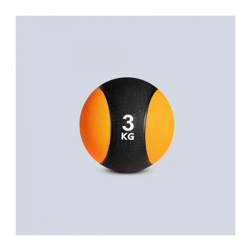 SportCom Gummi-Medizinball von Sveltus 3 kg in Frontansicht, schwarz-orangefarbener Ball mit Gewichtsaufdruck