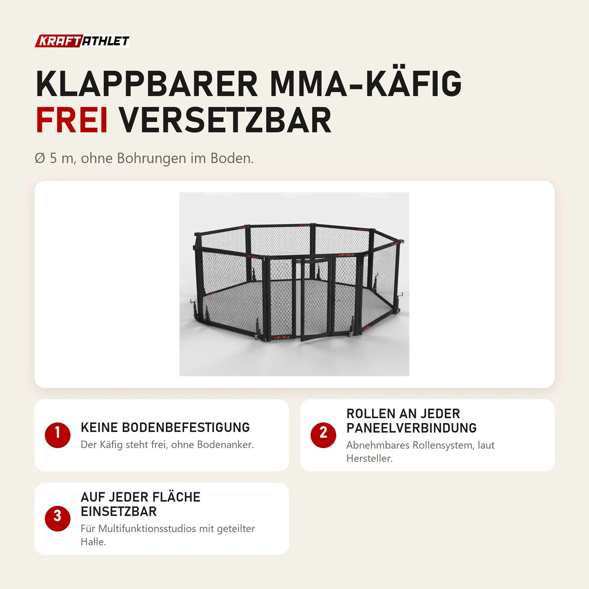 SportCom Klappbarer MMA-Käfig: frei versetzbar, keine Bodenbefestigung, Rollen an jeder Paneelverbindung