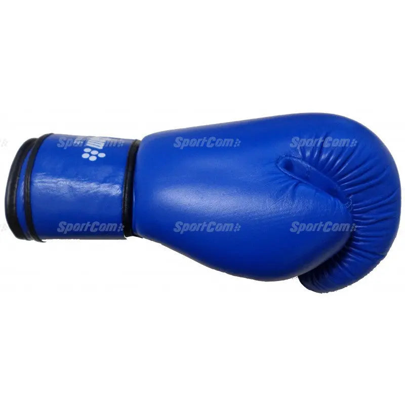 SportCom Leder-Boxhandschuhe Wettkampf in Blau, Seitenansicht liegend mit Faustpartie und Bündchen