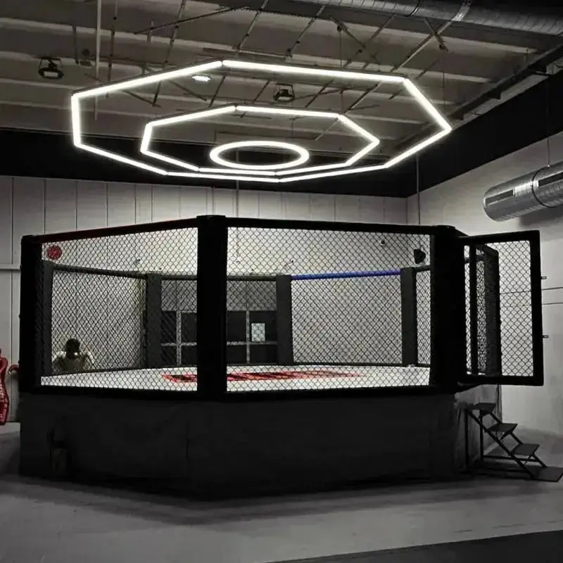 SportCom MMA-Käfig Oktagon mit Podium, unter Oktagon-Deckenleuchte im Studio