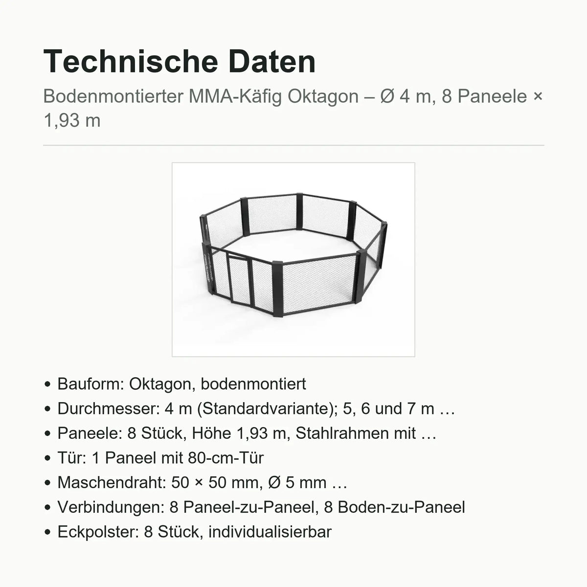 SportCom MMA-Käfig Oktagon zur Bodenmontage, Datenblatt mit Bauform, Durchmesser, Paneelen und Tür